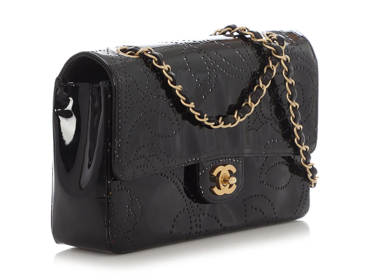 Chanel Vintage Black Perforated Patent Camellia Flap