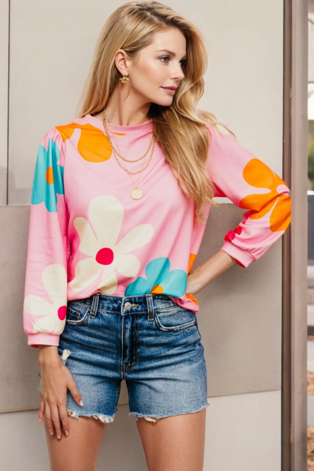 Cute Flower Print Bracelet Sleeve Top