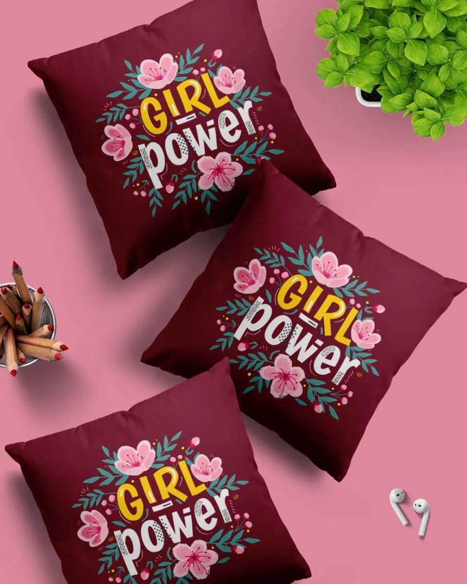 Cute Pillow Cover With Girl Power Text & Floral Design