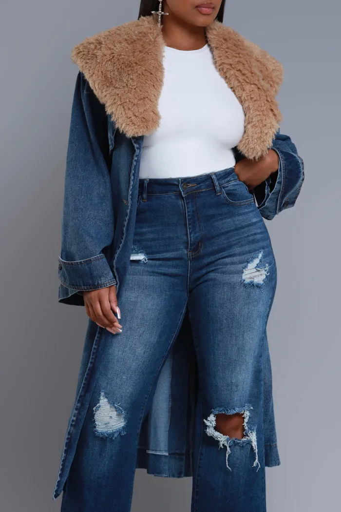 Daylight Longline Faux Fur Denim Coat - Medium Wash