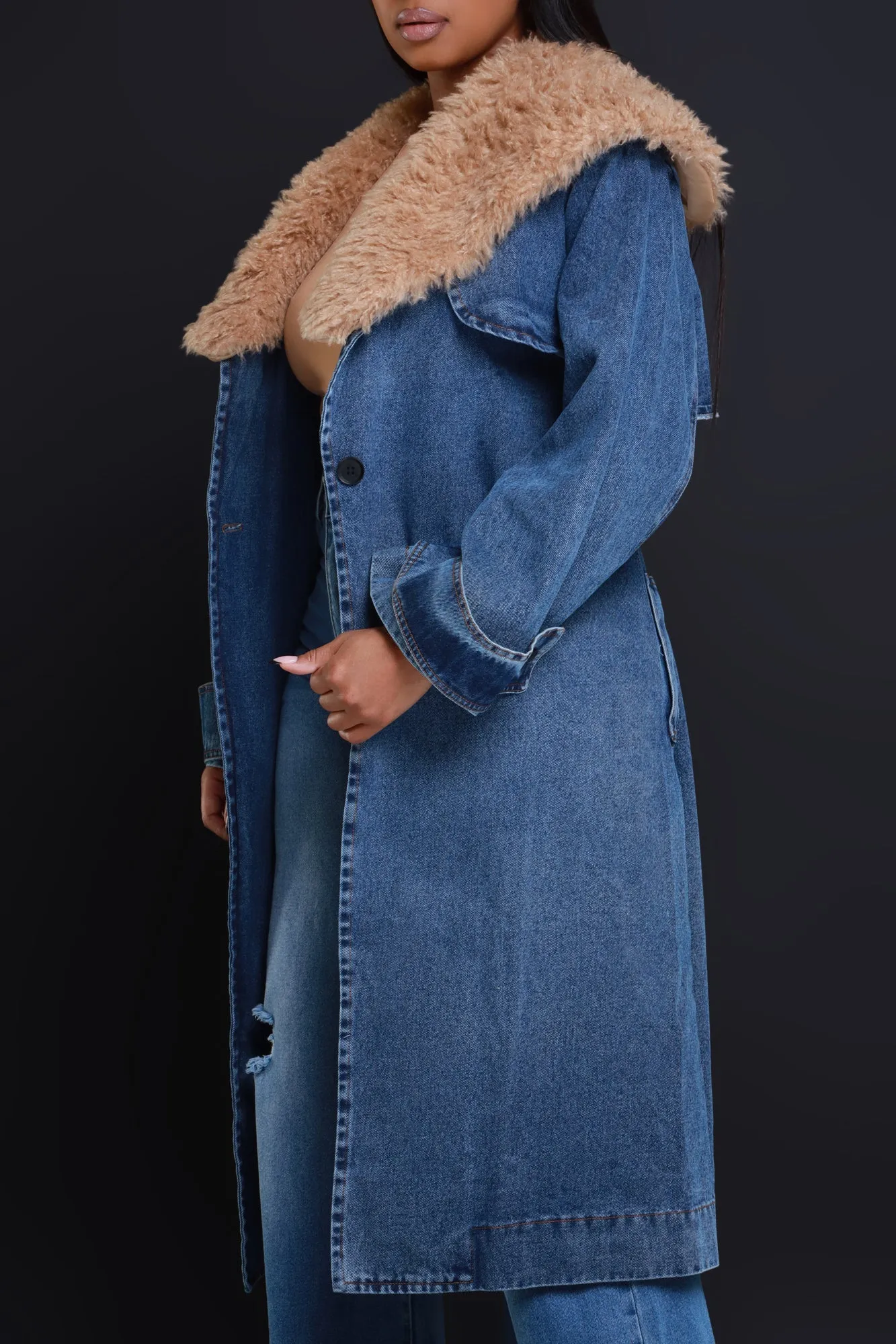 Daylight Longline Faux Fur Denim Coat - Medium Wash