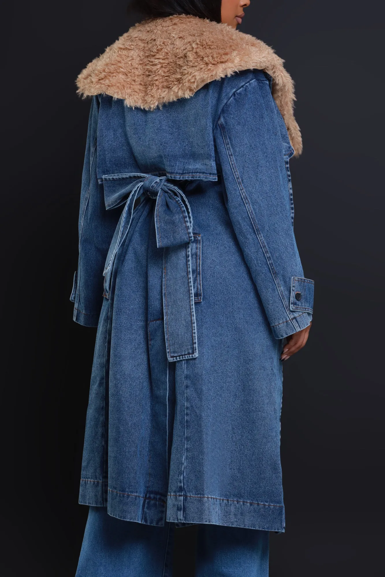 Daylight Longline Faux Fur Denim Coat - Medium Wash