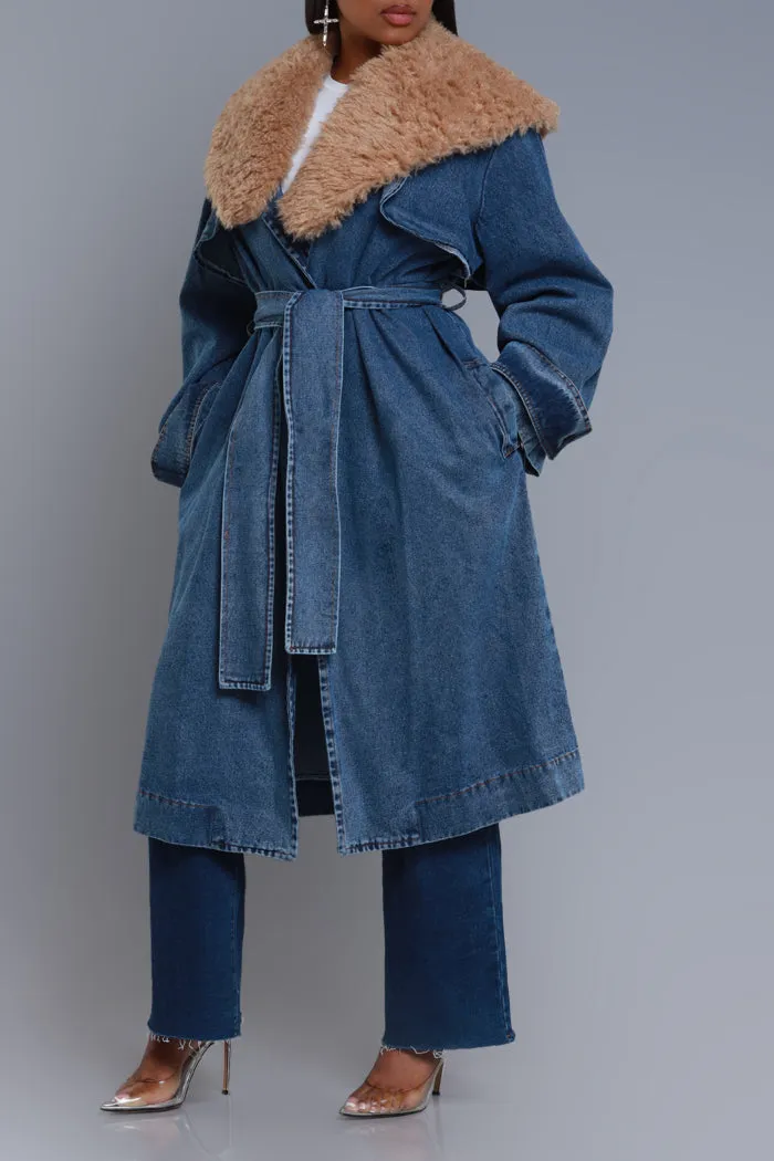 Daylight Longline Faux Fur Denim Coat - Medium Wash