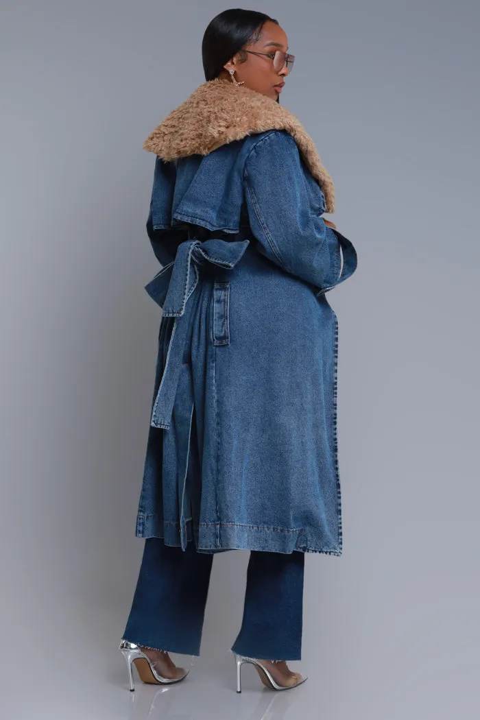 Daylight Longline Faux Fur Denim Coat - Medium Wash