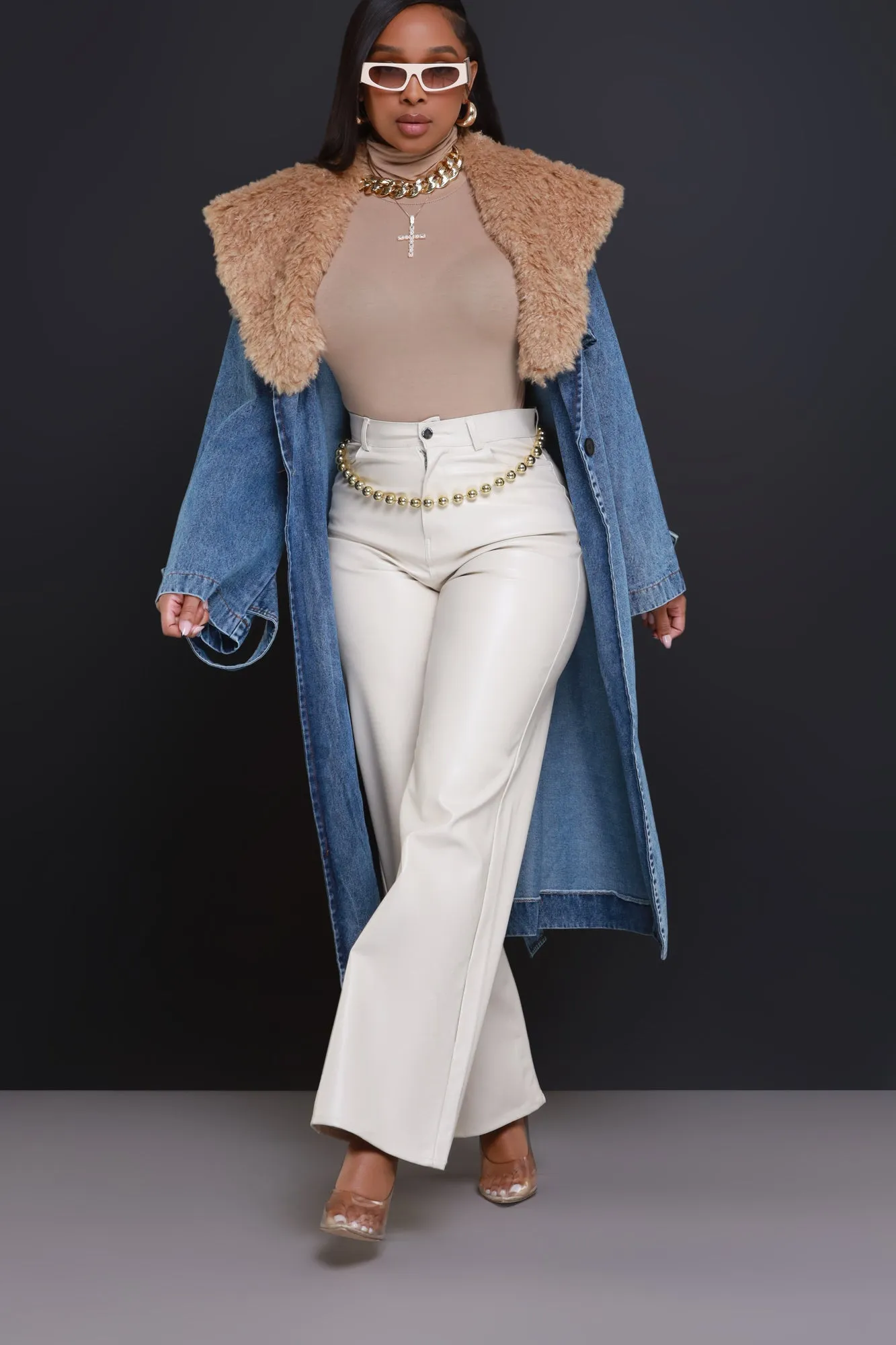 Daylight Longline Faux Fur Denim Coat - Medium Wash