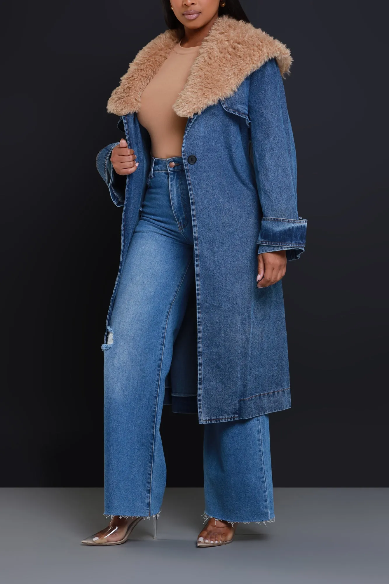 Daylight Longline Faux Fur Denim Coat - Medium Wash