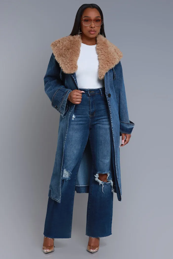 Daylight Longline Faux Fur Denim Coat - Medium Wash