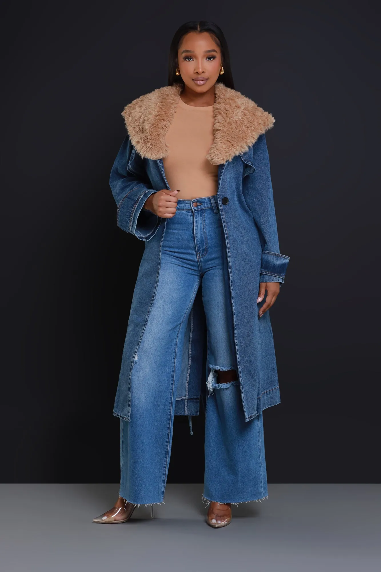 Daylight Longline Faux Fur Denim Coat - Medium Wash