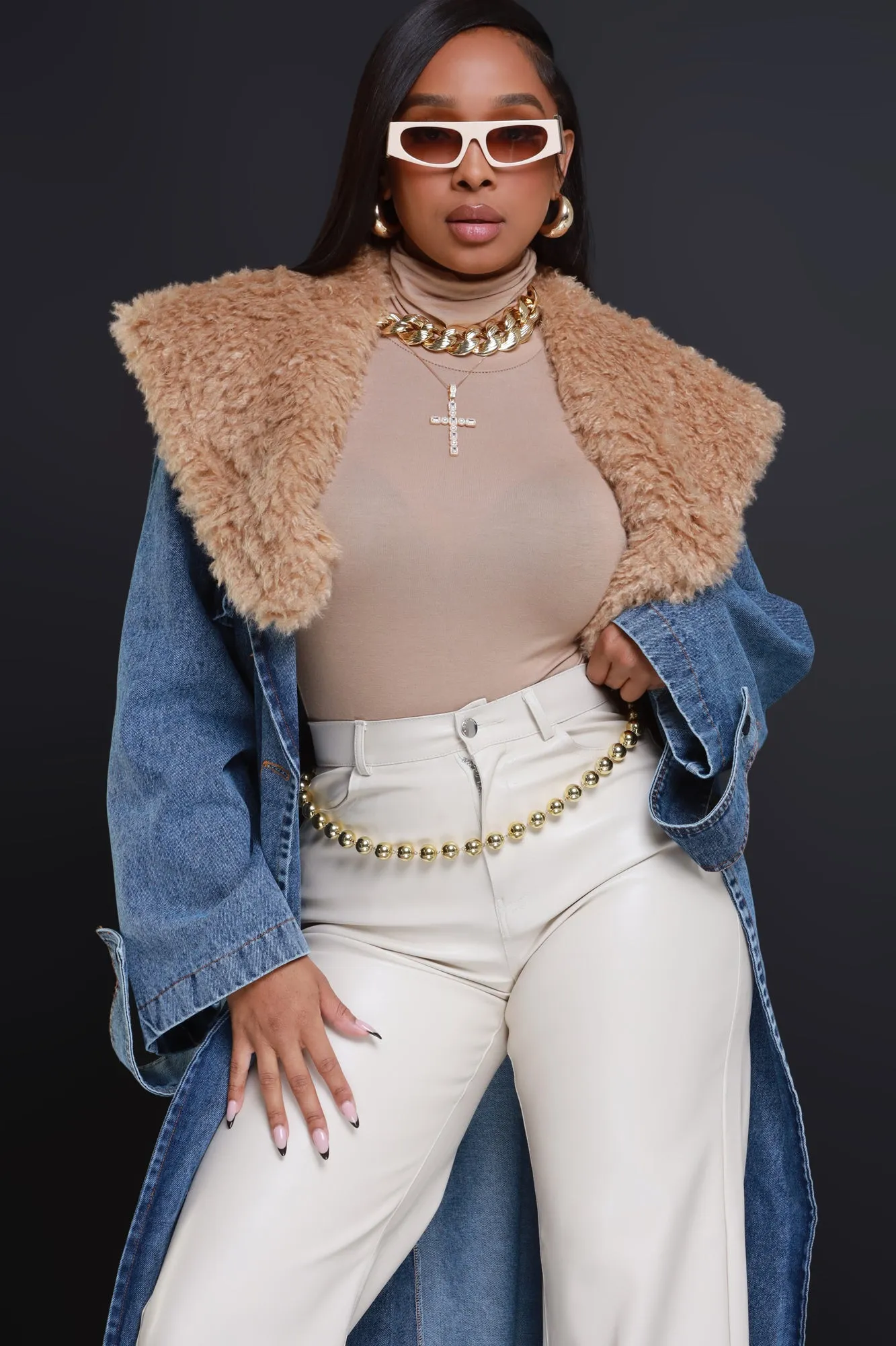Daylight Longline Faux Fur Denim Coat - Medium Wash