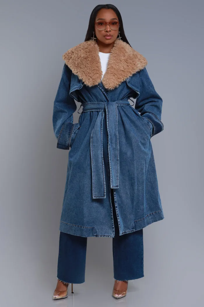Daylight Longline Faux Fur Denim Coat - Medium Wash