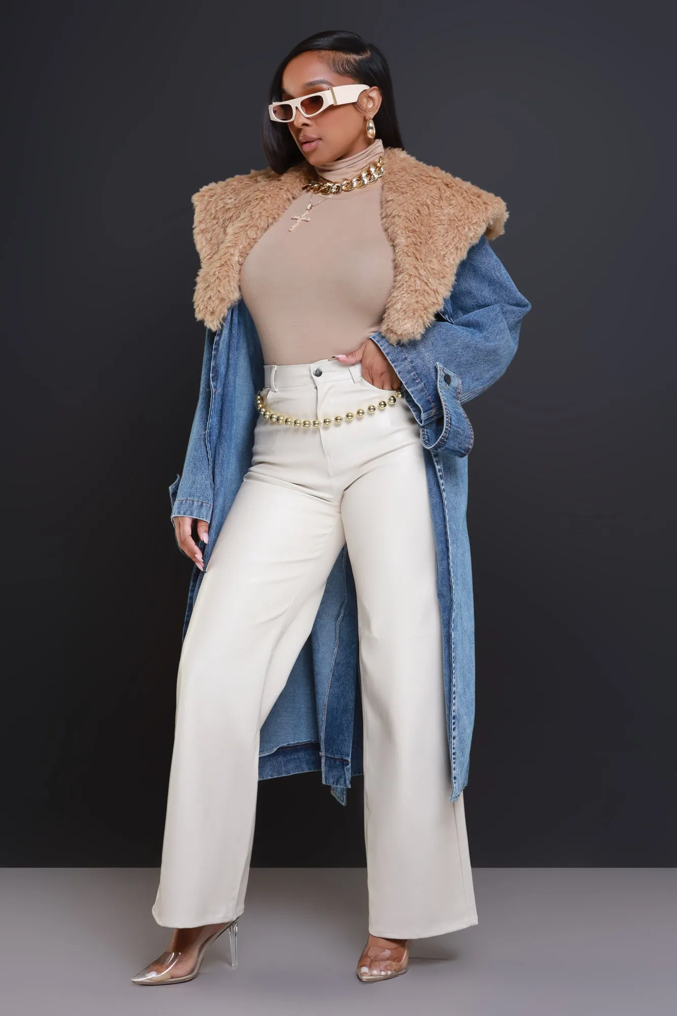 Daylight Longline Faux Fur Denim Coat - Medium Wash