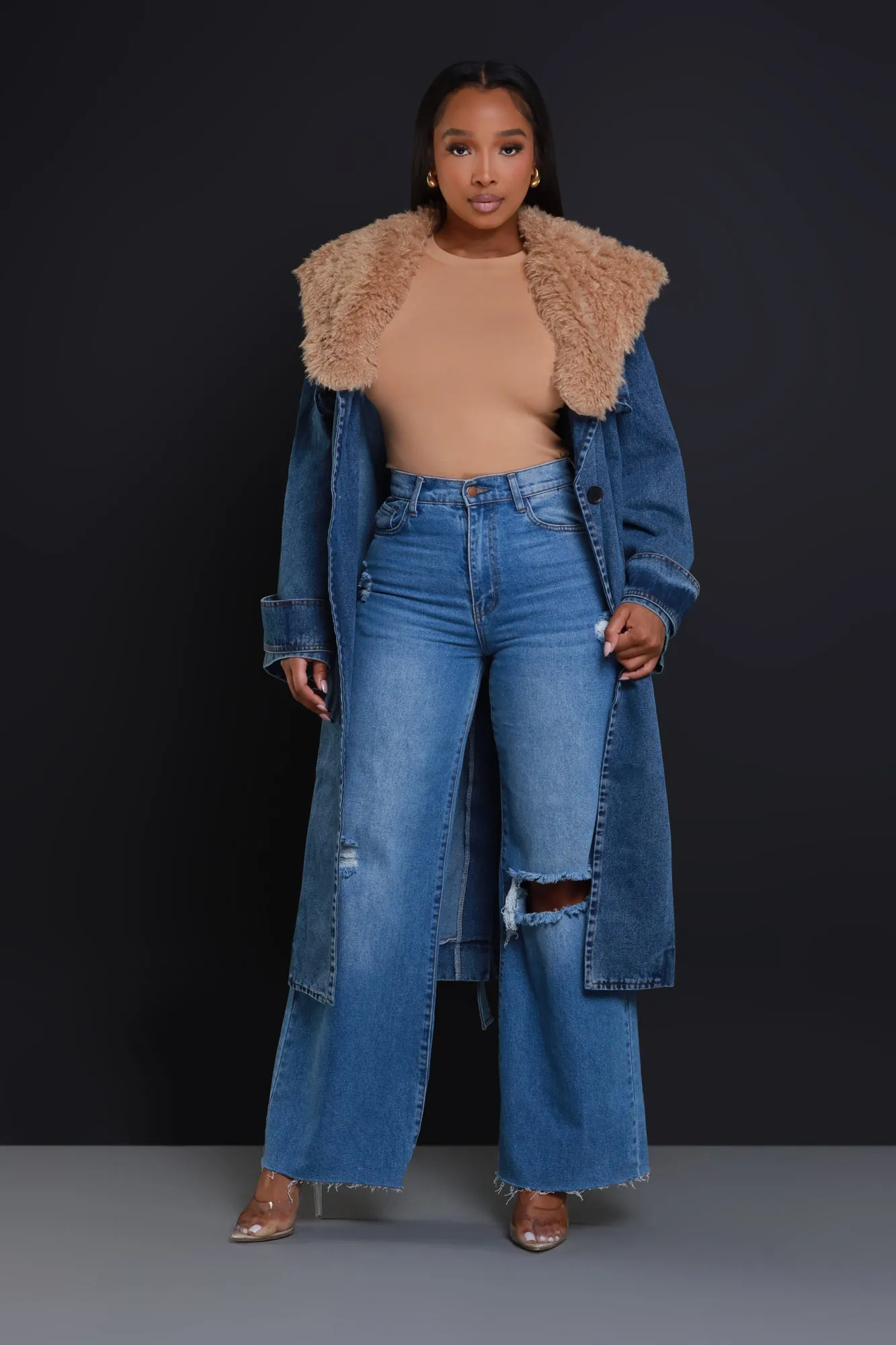 Daylight Longline Faux Fur Denim Coat - Medium Wash