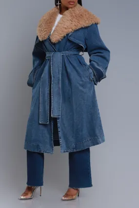 Daylight Longline Faux Fur Denim Coat - Medium Wash