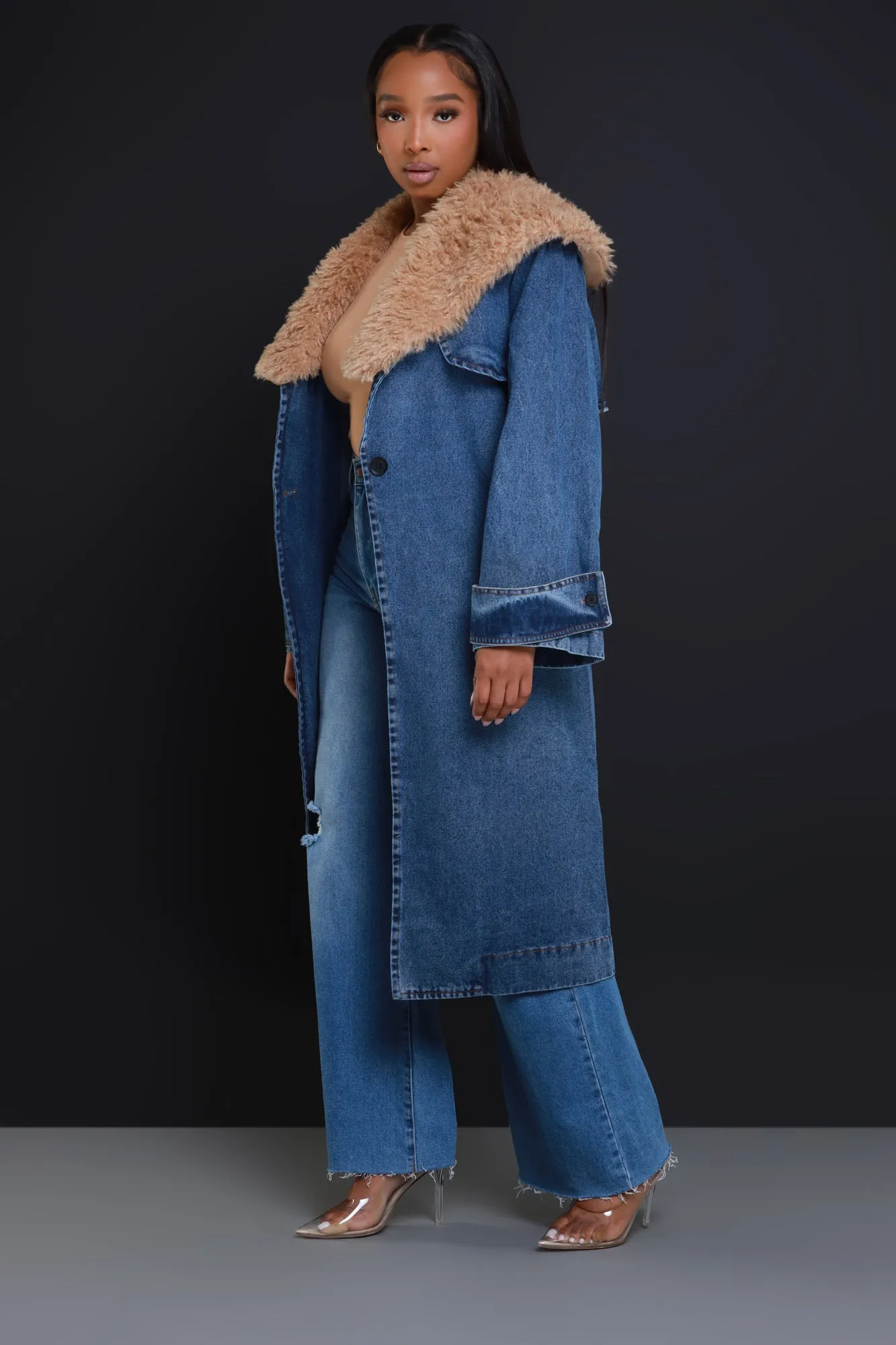 Daylight Longline Faux Fur Denim Coat - Medium Wash