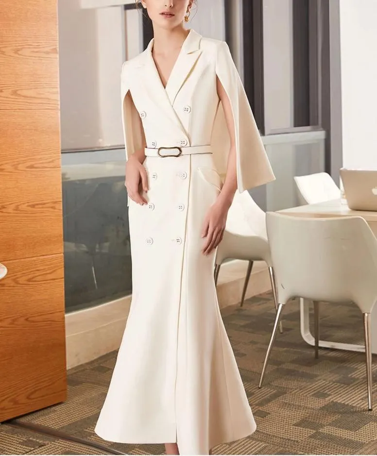 Double Breasted Sleeveless White Ankle-Length Office Lady Dress
