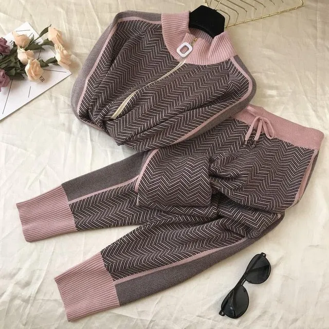 Fashion Kniteed Jacket Short Coat Slim Long Pant Tracksuit Woman Winter Clothes