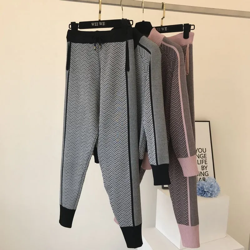 Fashion Kniteed Jacket Short Coat Slim Long Pant Tracksuit Woman Winter Clothes