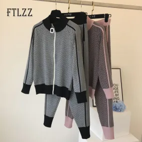 Fashion Kniteed Jacket Short Coat Slim Long Pant Tracksuit Woman Winter Clothes