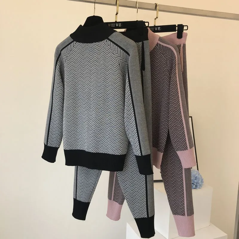 Fashion Kniteed Jacket Short Coat Slim Long Pant Tracksuit Woman Winter Clothes