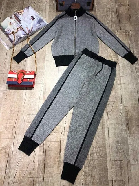 Fashion Kniteed Jacket Short Coat Slim Long Pant Tracksuit Woman Winter Clothes
