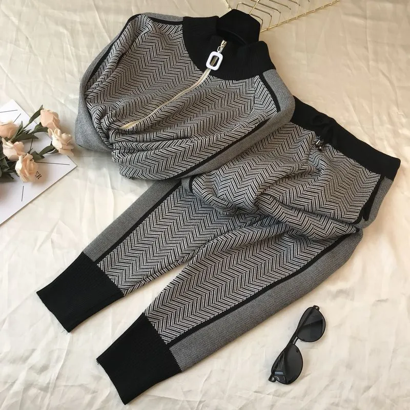 Fashion Kniteed Jacket Short Coat Slim Long Pant Tracksuit Woman Winter Clothes