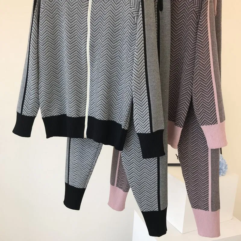 Fashion Kniteed Jacket Short Coat Slim Long Pant Tracksuit Woman Winter Clothes