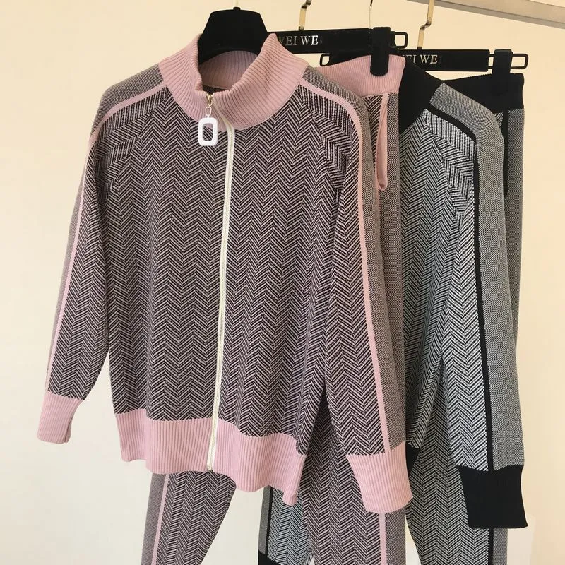 Fashion Kniteed Jacket Short Coat Slim Long Pant Tracksuit Woman Winter Clothes