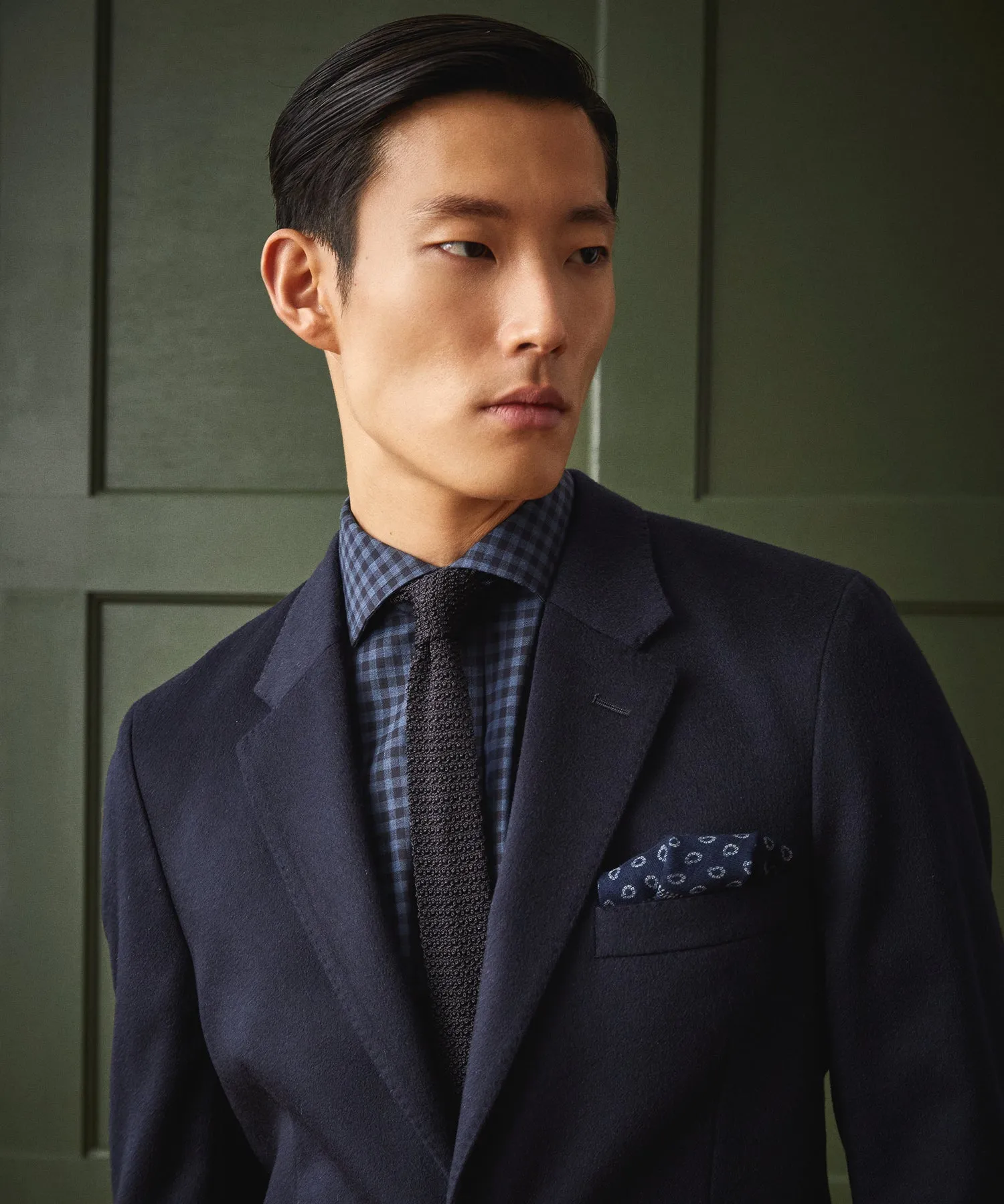 Flannel Spread Collar Dress Shirt in Navy Gingham