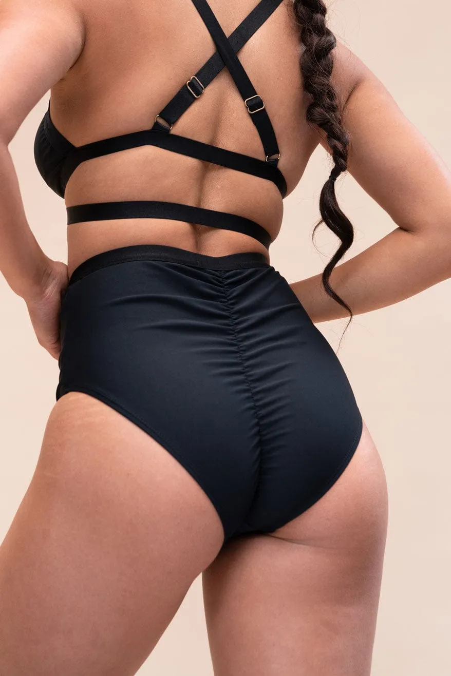 Jemma Bottom - Gold Clasp Scrunch High Waist Bottoms Recycled Black
