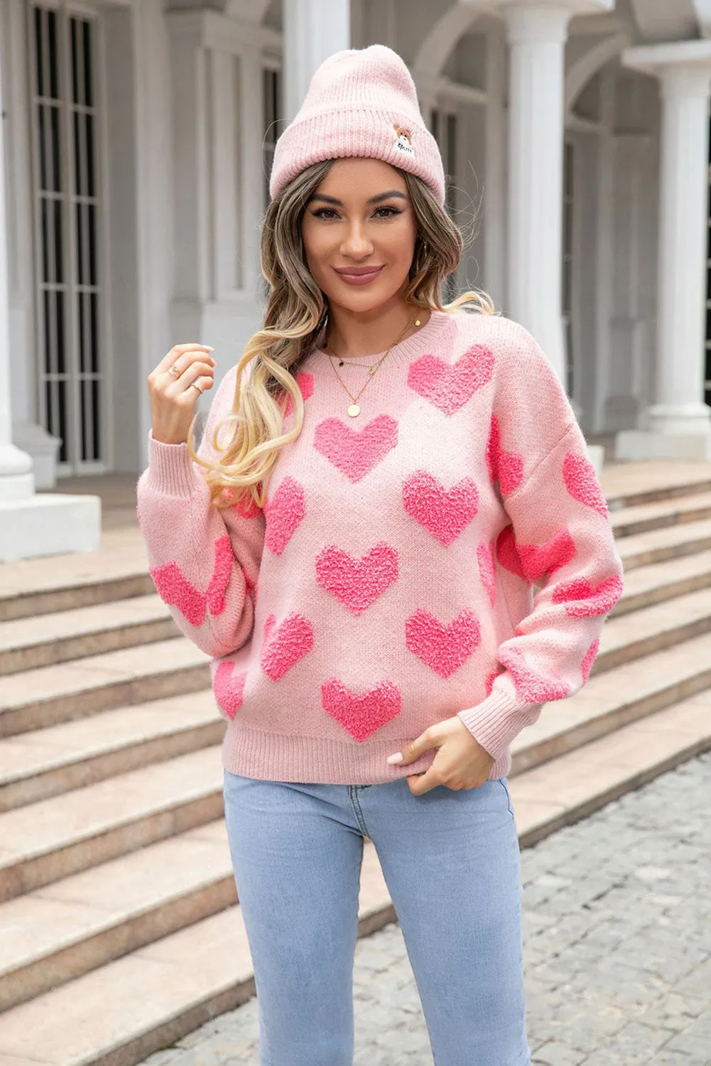 Light Pink Valentine's Day Heart Jacquard Knit Sweater