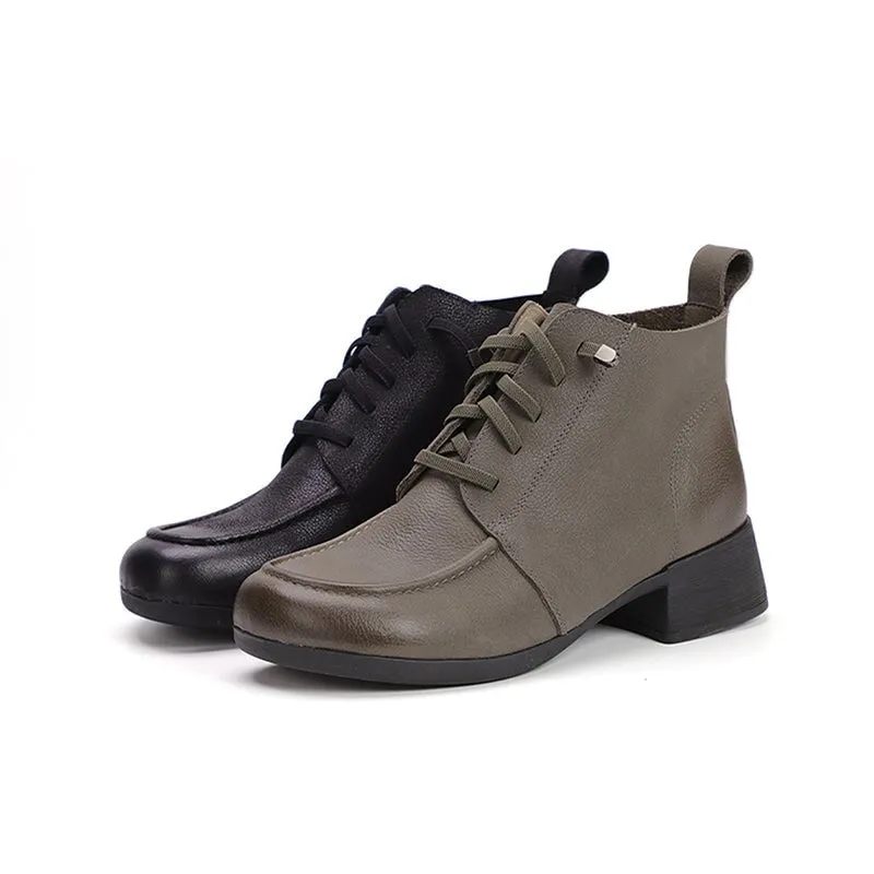 Mori Girl Short Shoes For Women Leather Handmade Ankle Boots Autumn Black/Khaki/Coffee