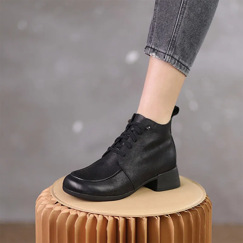 Mori Girl Short Shoes For Women Leather Handmade Ankle Boots Autumn Black/Khaki/Coffee