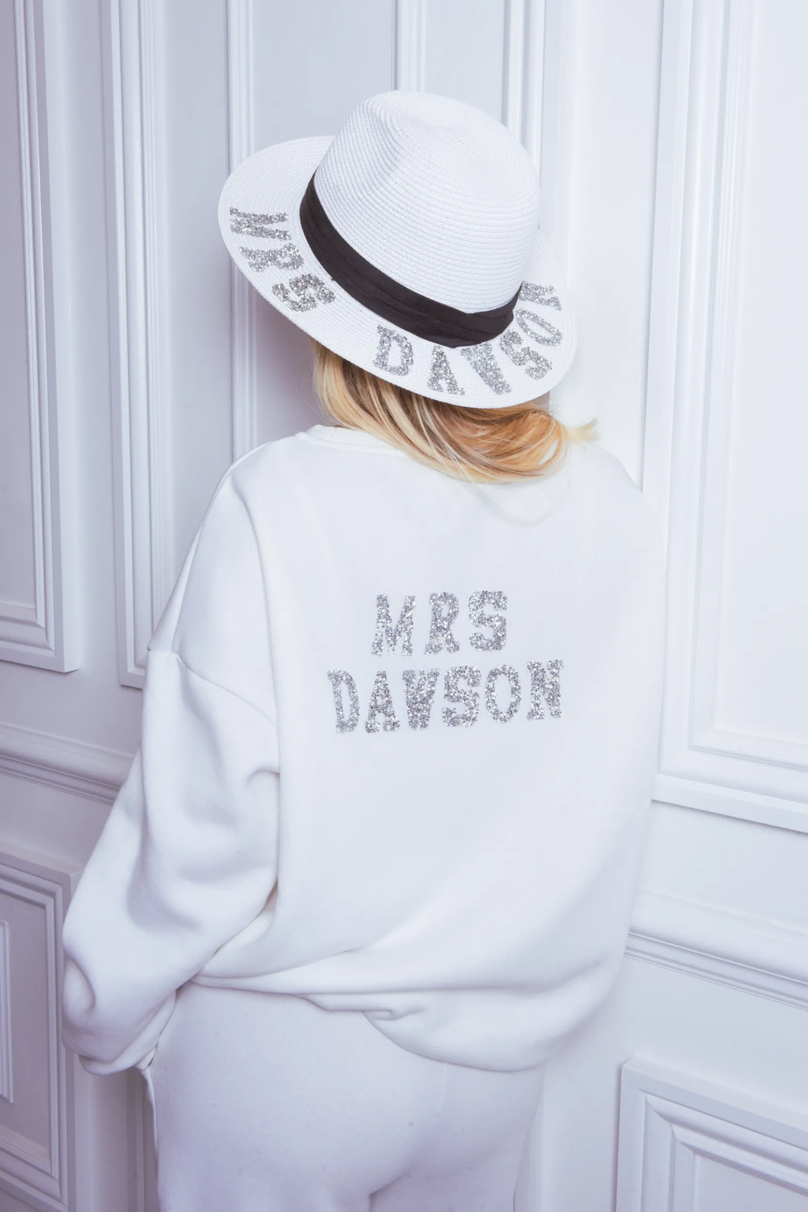 Personalised Bridal Straw Fedora Hat With Letter Embellishment - White