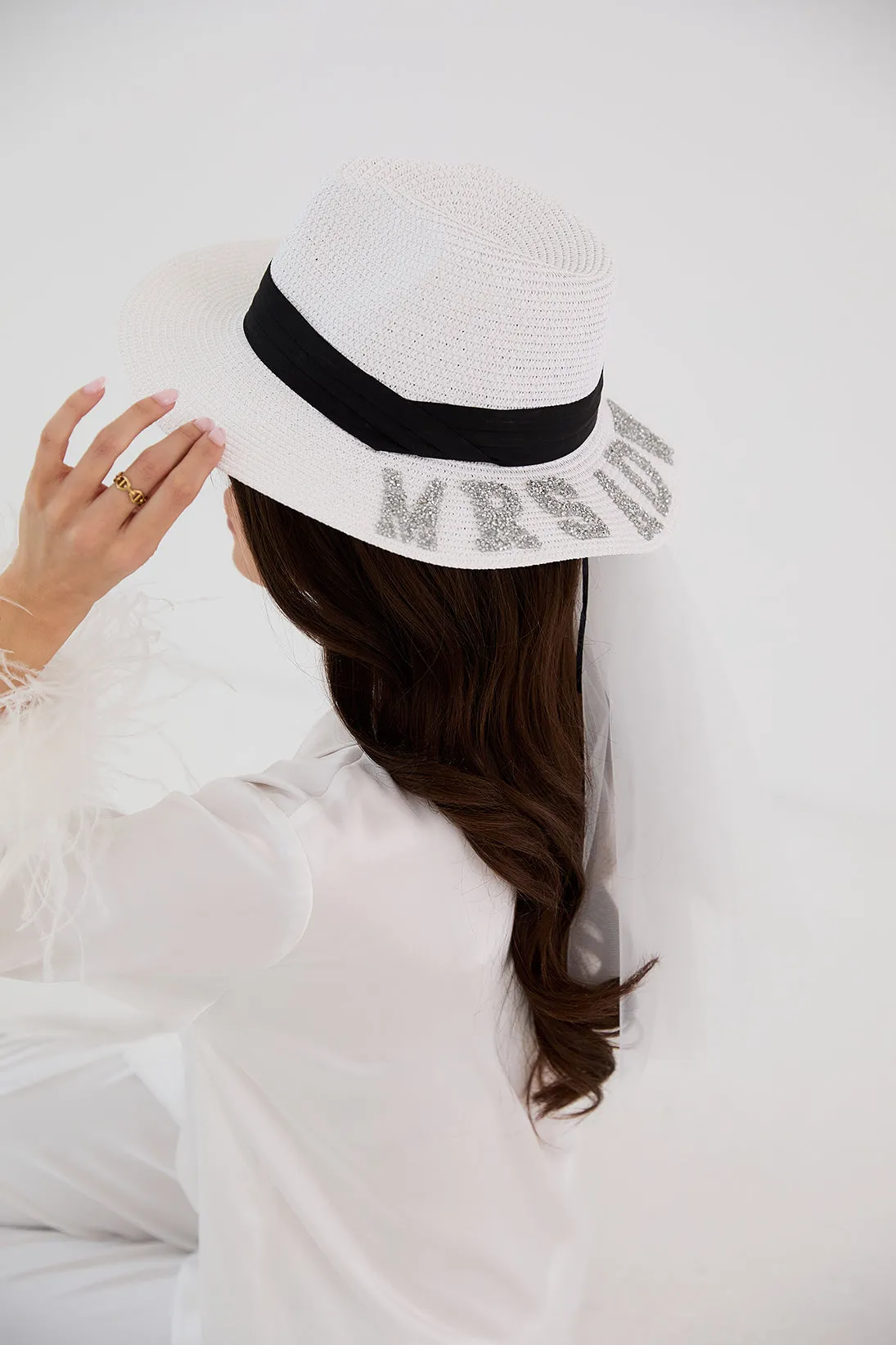 Personalised Bridal Straw Fedora Hat With Letter Embellishment - White