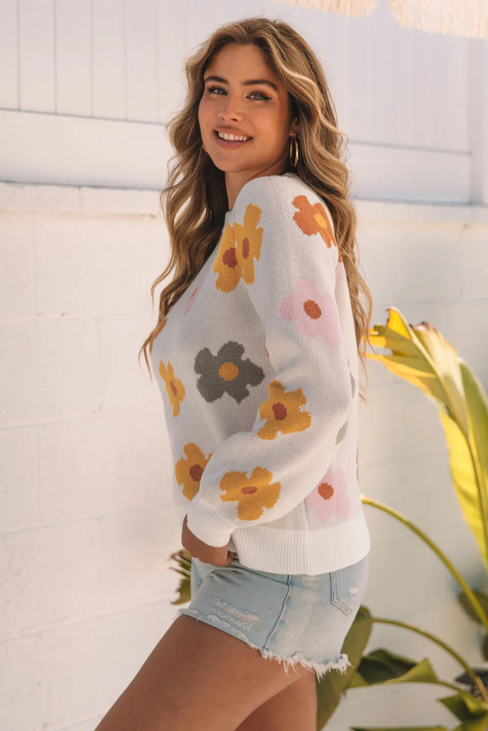 Pink Sweet Flower Knitted Ribbed Hem Sweater