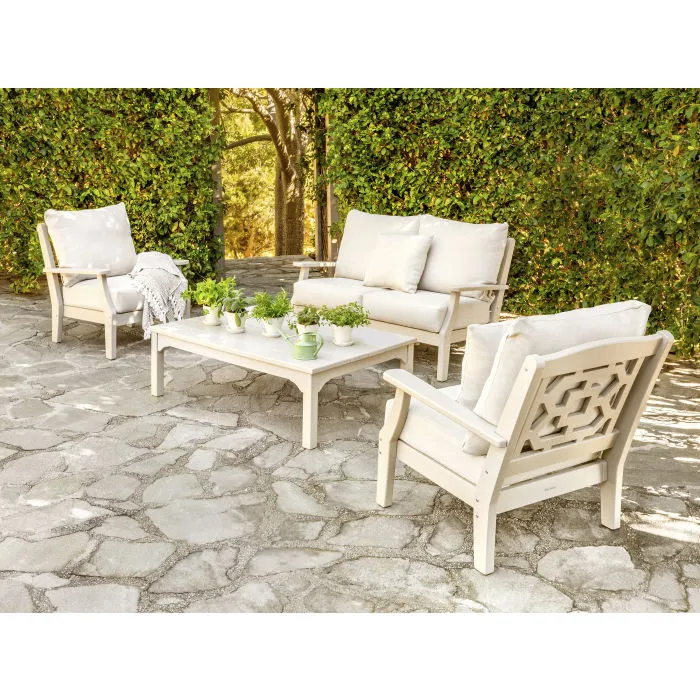 Polywood Chinoiserie Outdoor 4pc Seating Set with Sofa in Sand & Dune Cushions