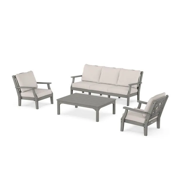 Polywood Chinoiserie Outdoor 4pc Seating Set with Sofa in Sand & Dune Cushions