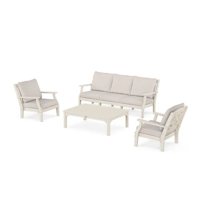 Polywood Chinoiserie Outdoor 4pc Seating Set with Sofa in Sand & Dune Cushions