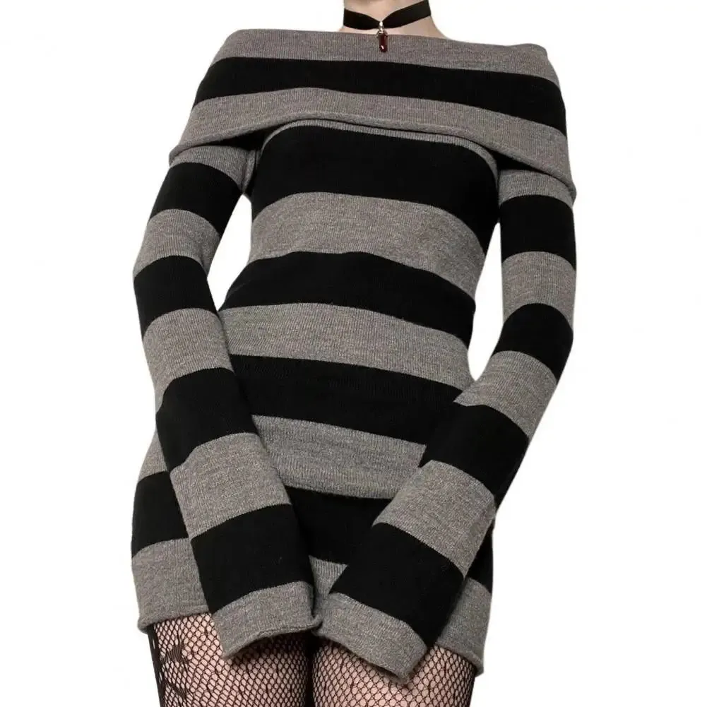 Striped Sweater Mini Dress Mall Goth Grunge Emo Bodycon Chic Women Off Shoulder Full Sleeve Slim Fit Dresses 00s Vintage