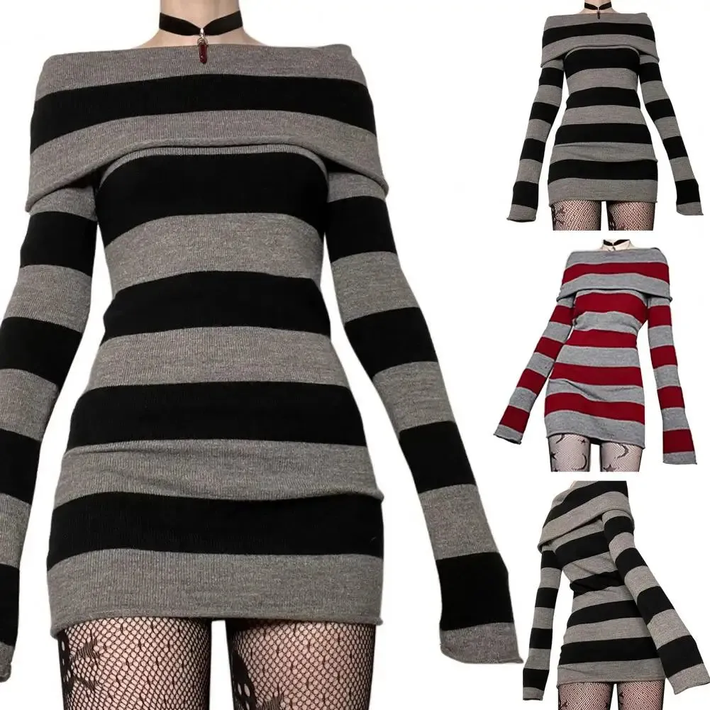Striped Sweater Mini Dress Mall Goth Grunge Emo Bodycon Chic Women Off Shoulder Full Sleeve Slim Fit Dresses 00s Vintage