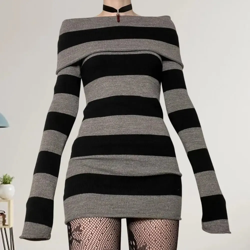 Striped Sweater Mini Dress Mall Goth Grunge Emo Bodycon Chic Women Off Shoulder Full Sleeve Slim Fit Dresses 00s Vintage