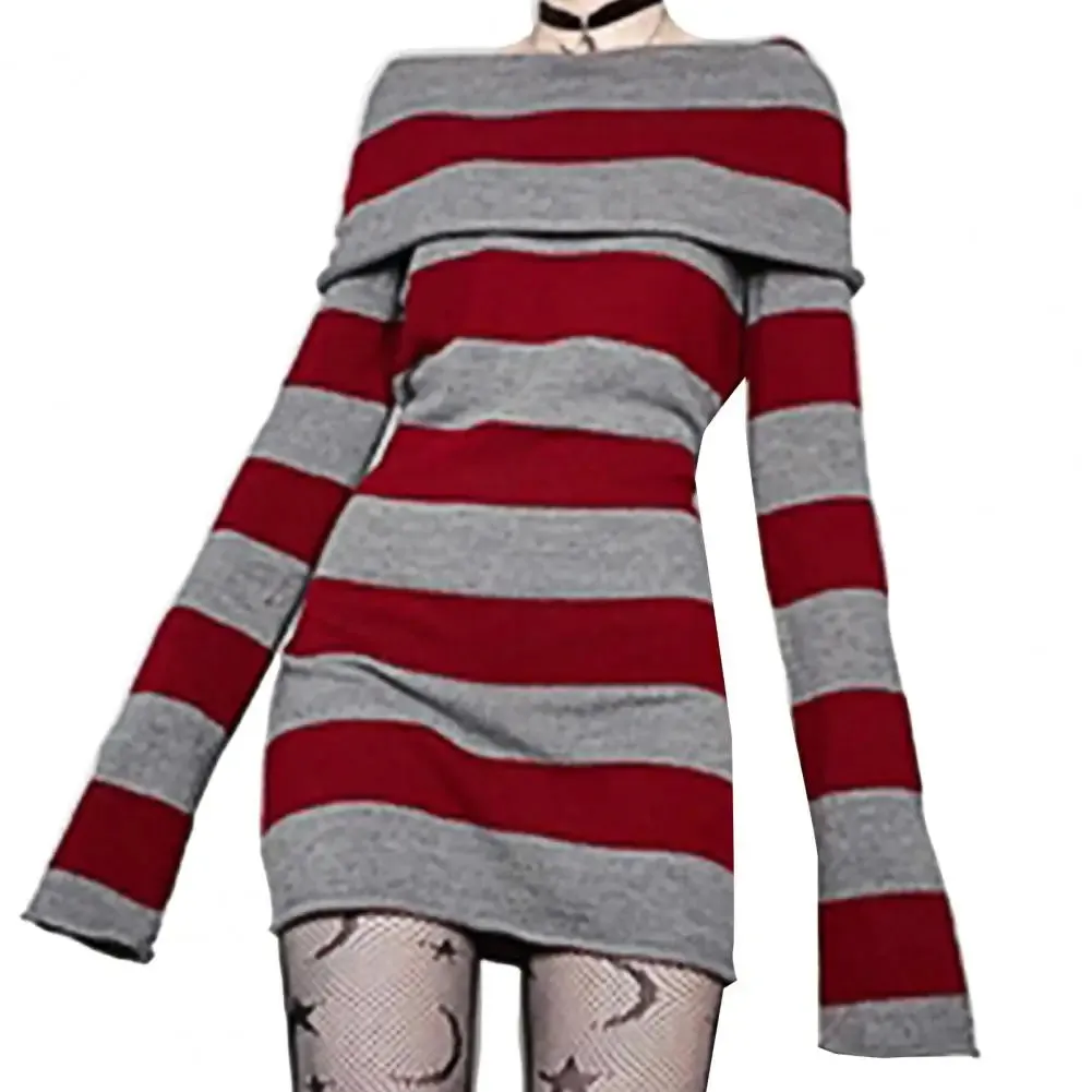 Striped Sweater Mini Dress Mall Goth Grunge Emo Bodycon Chic Women Off Shoulder Full Sleeve Slim Fit Dresses 00s Vintage