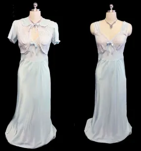 *VINTAGE 1930s LACE BED JACKET AND BIAS NIGHTGOWN SET IN ANTIQUE BLUE