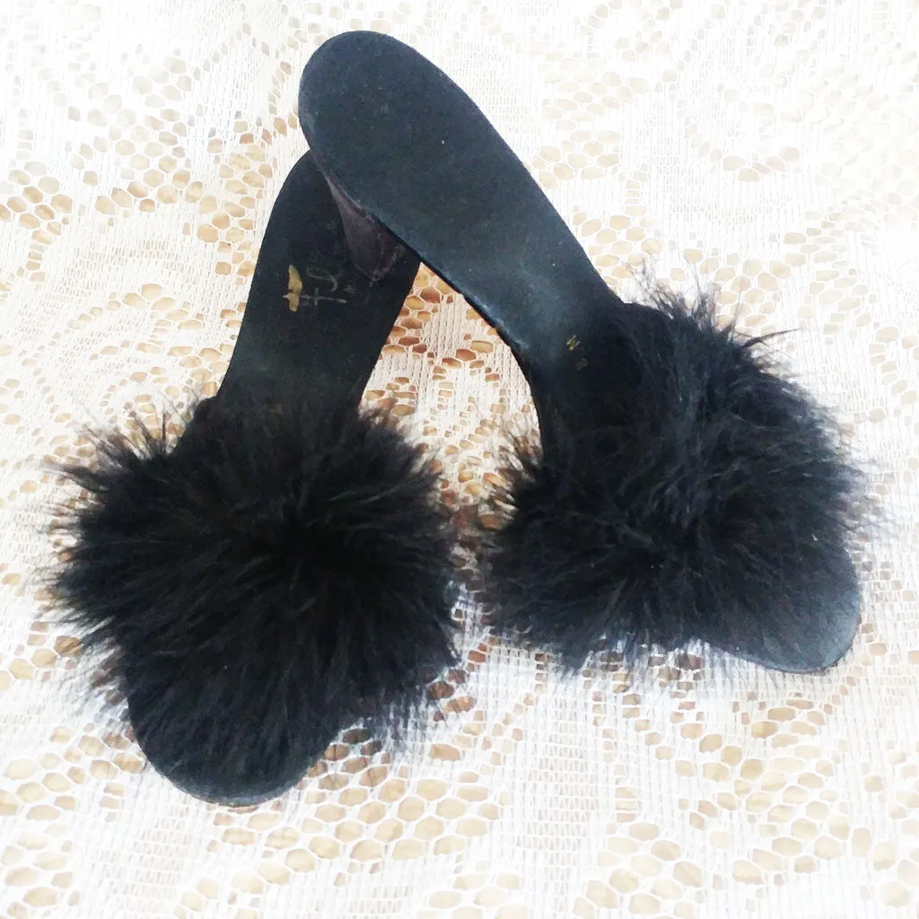 *VINTAGE FLIRTO BLACK SATIN MARABOU PEEP TOE BEDROOM SLIPPERS / MULES