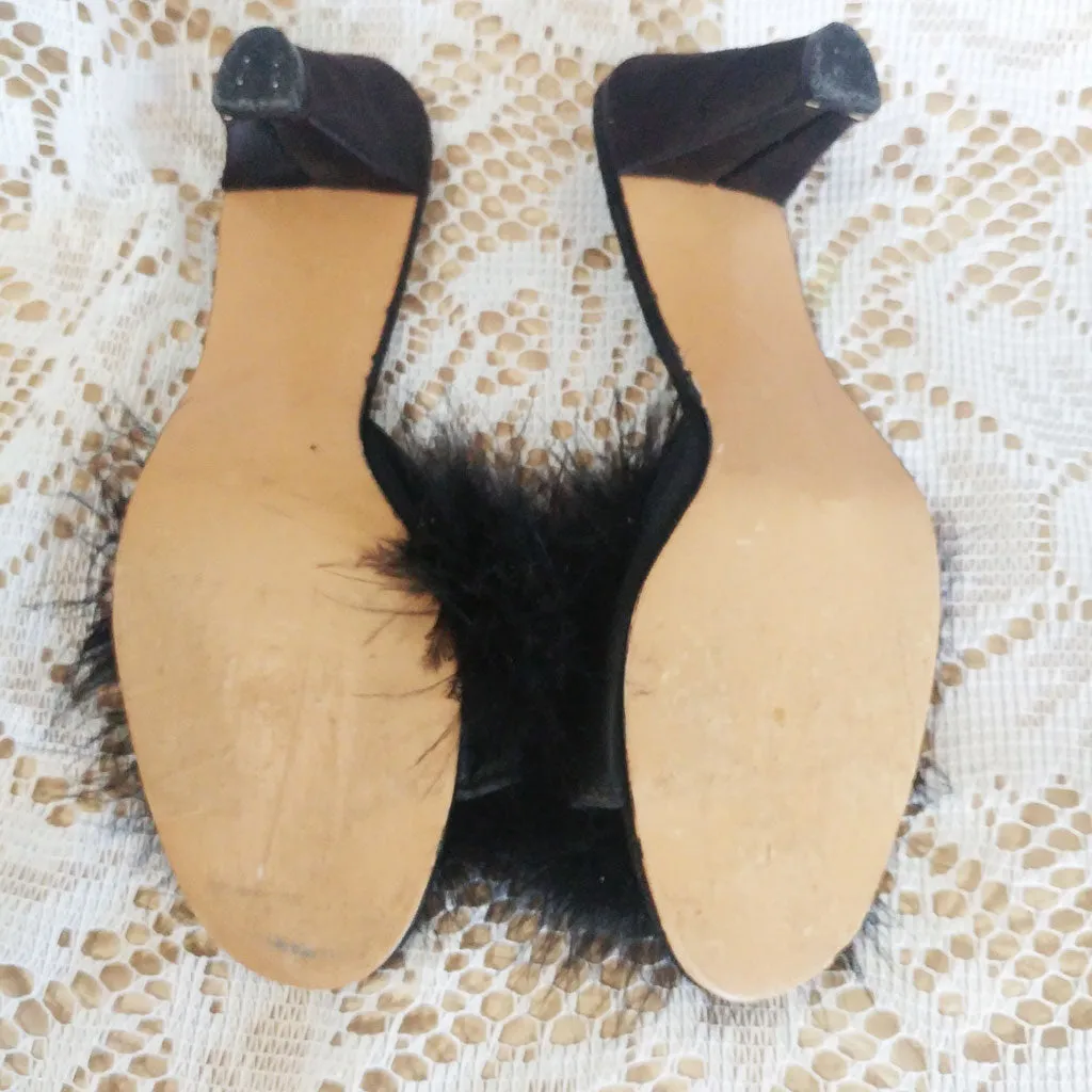 *VINTAGE FLIRTO BLACK SATIN MARABOU PEEP TOE BEDROOM SLIPPERS / MULES