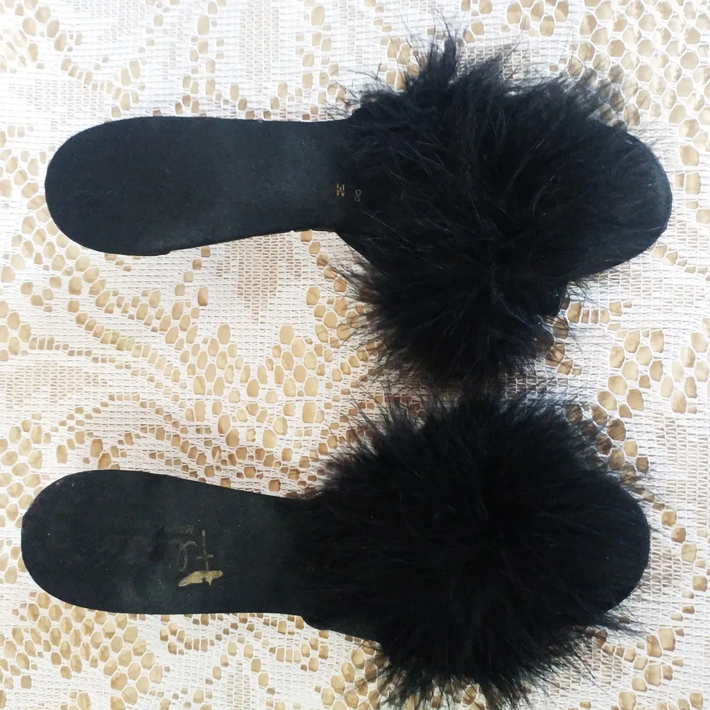 *VINTAGE FLIRTO BLACK SATIN MARABOU PEEP TOE BEDROOM SLIPPERS / MULES