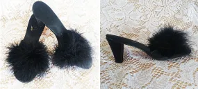*VINTAGE FLIRTO BLACK SATIN MARABOU PEEP TOE BEDROOM SLIPPERS / MULES