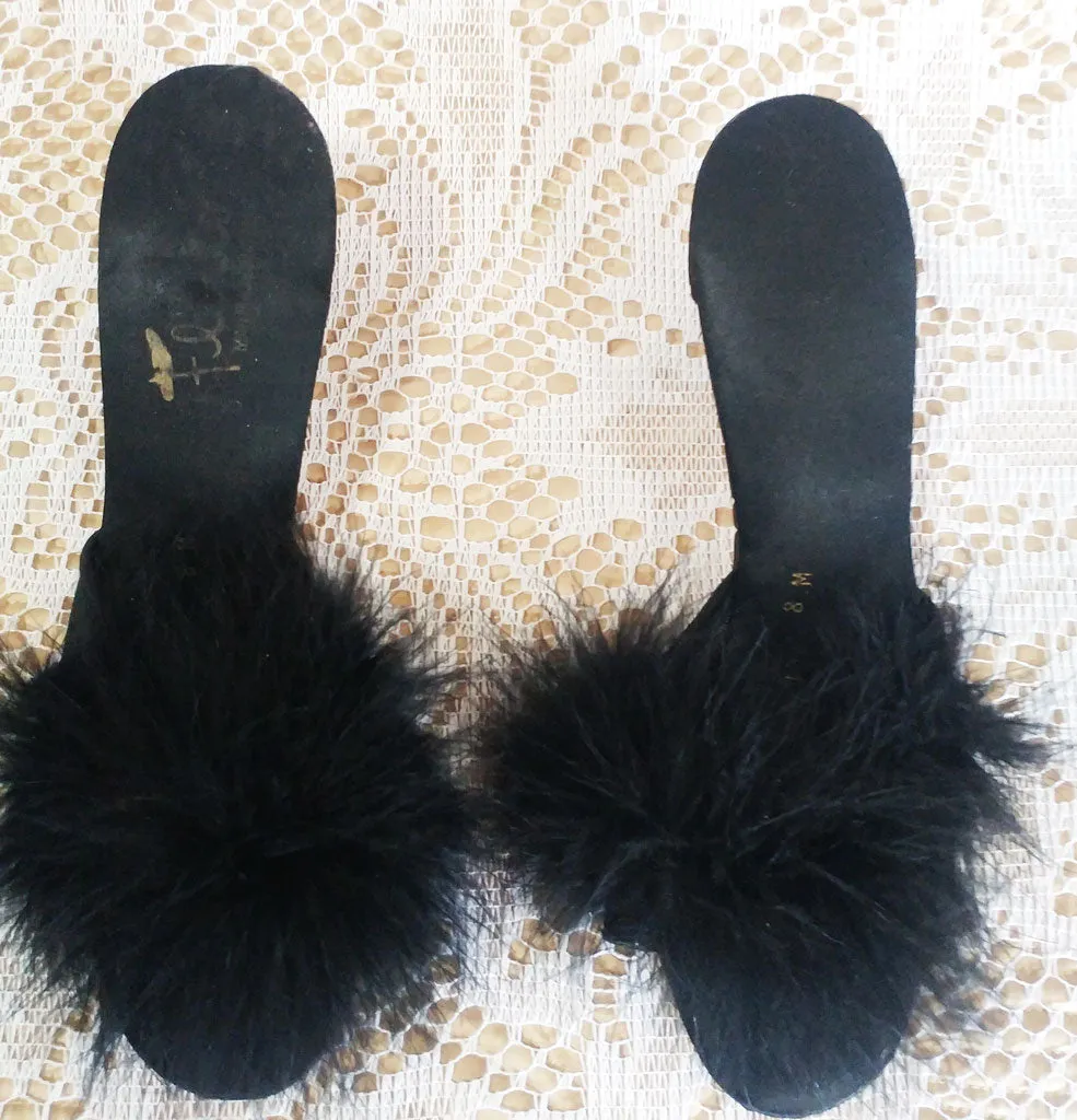 *VINTAGE FLIRTO BLACK SATIN MARABOU PEEP TOE BEDROOM SLIPPERS / MULES